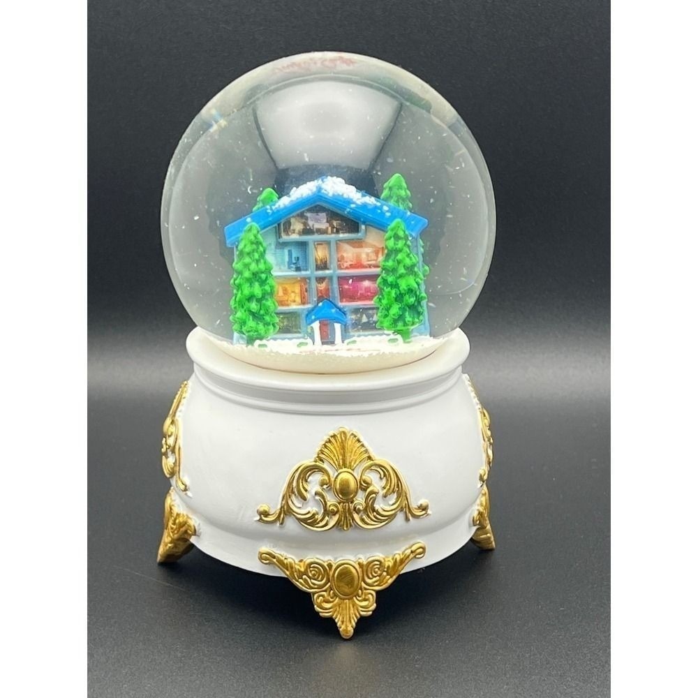 Winter Alpine House Snow Globe White‎ Gold Ornate Pedestal Base with Box